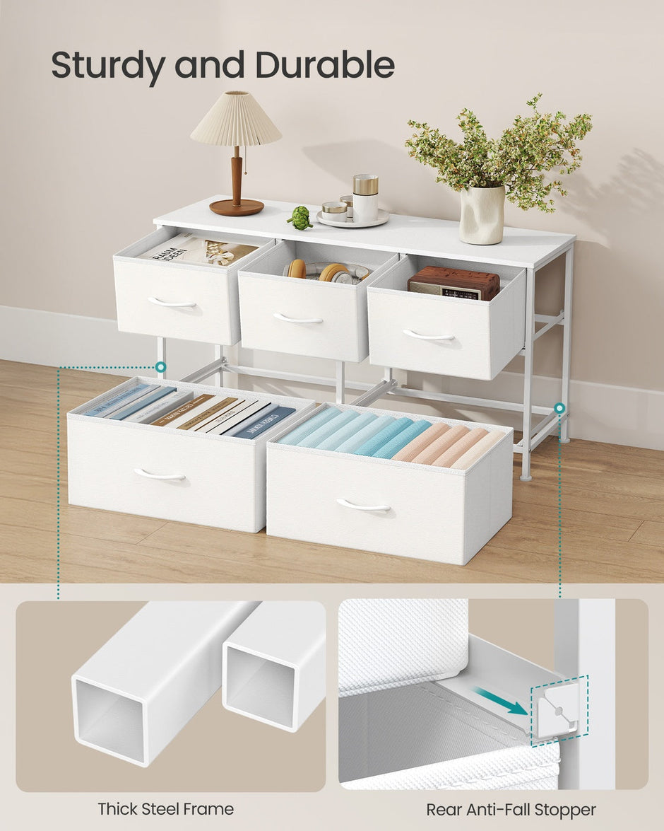 Chest of Drawers – Steel, MDF, Non-Woven Fabric – Rustic Brown and Ink Black – 5 Storage Drawers