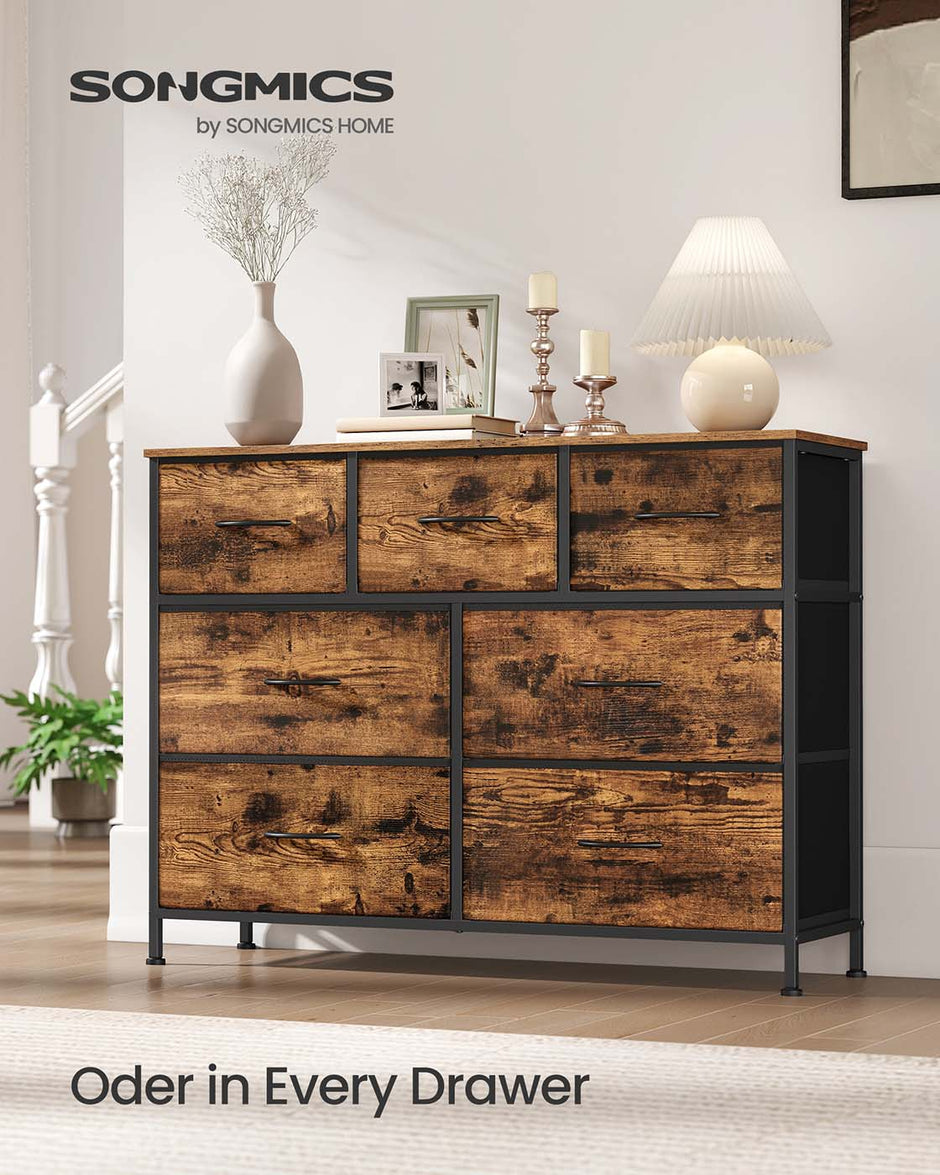 7-Drawer Chest – Steel and MDF – Rustic Brown and Ink Black – Versatile Fabric Storage Unit