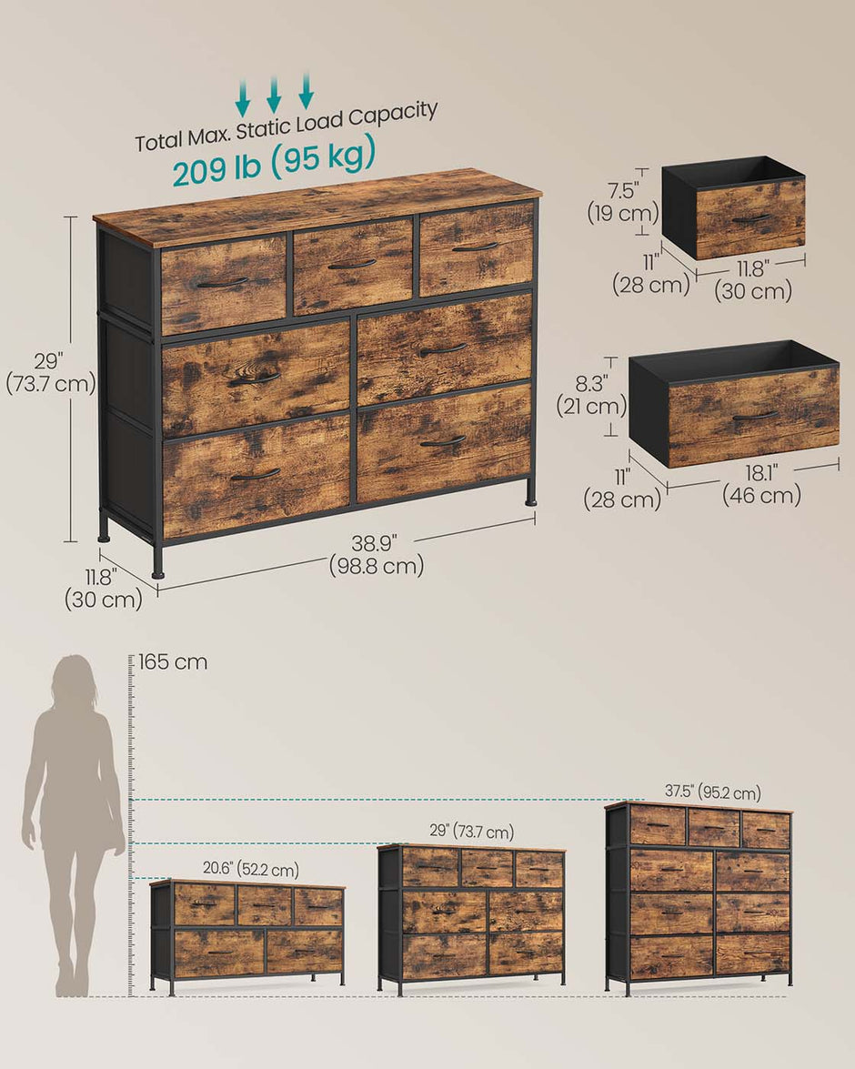 7-Drawer Chest – Steel and MDF – Rustic Brown and Ink Black – Versatile Fabric Storage Unit