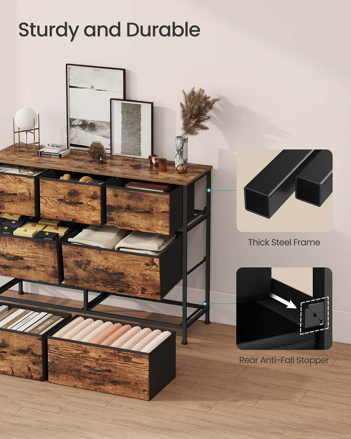 7-Drawer Chest – Steel and MDF – Rustic Brown and Ink Black – Versatile Fabric Storage Unit