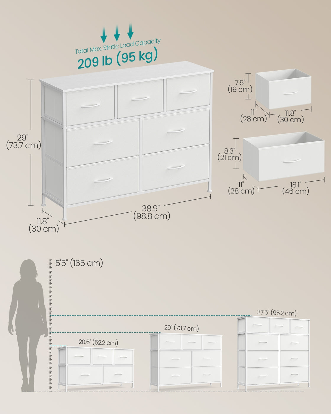 Chest of Drawers – MDF and Steel – Rustic Brown and Ink Black – 5 Storage Drawers