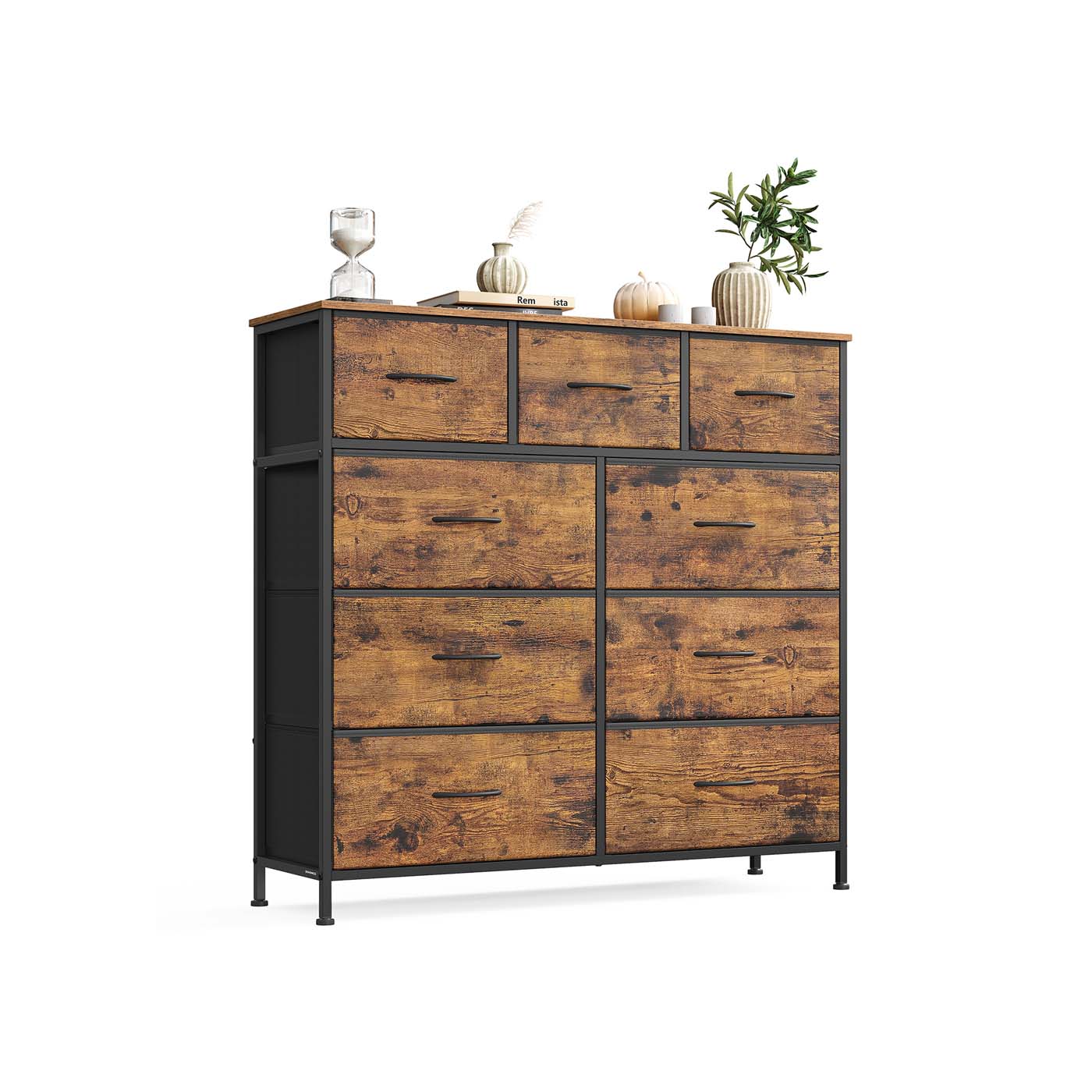 9-Drawer Chest – Steel and MDF – Rustic Brown and Ink Black – Versatile Fabric Storage Unit