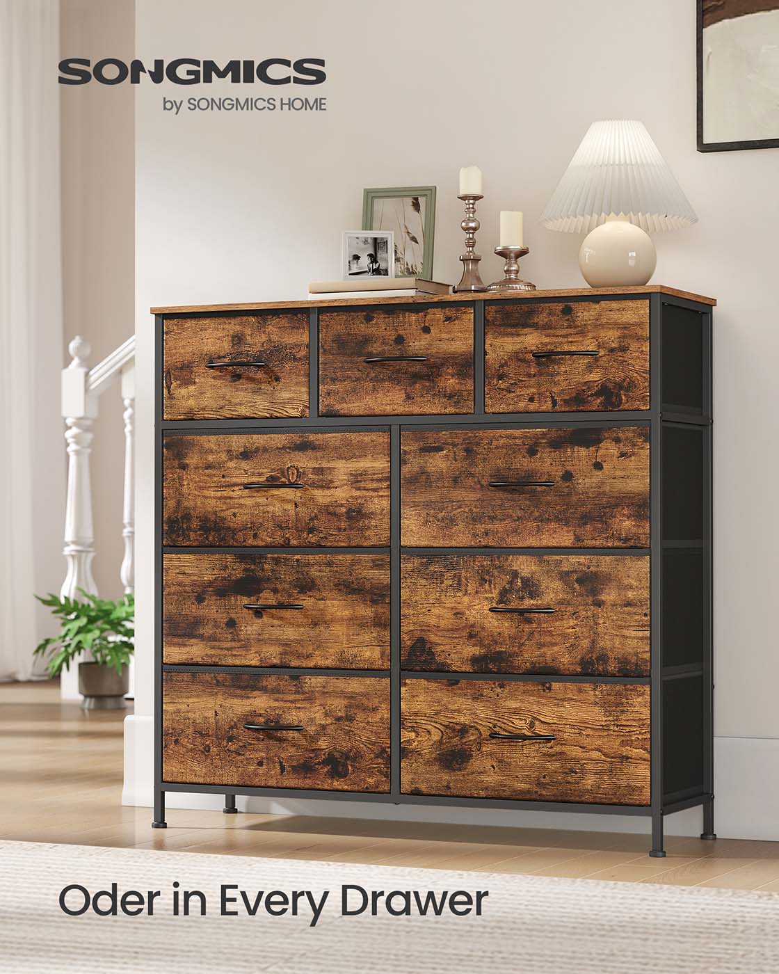 9-Drawer Chest – Steel and MDF – Rustic Brown and Ink Black – Versatile Fabric Storage Unit