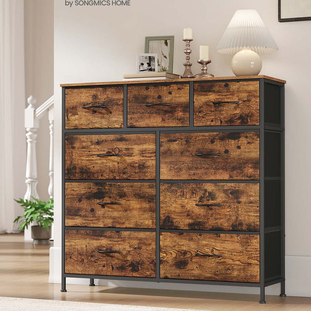 9-Drawer Chest – Steel and MDF – Rustic Brown and Ink Black – Versatile Fabric Storage Unit