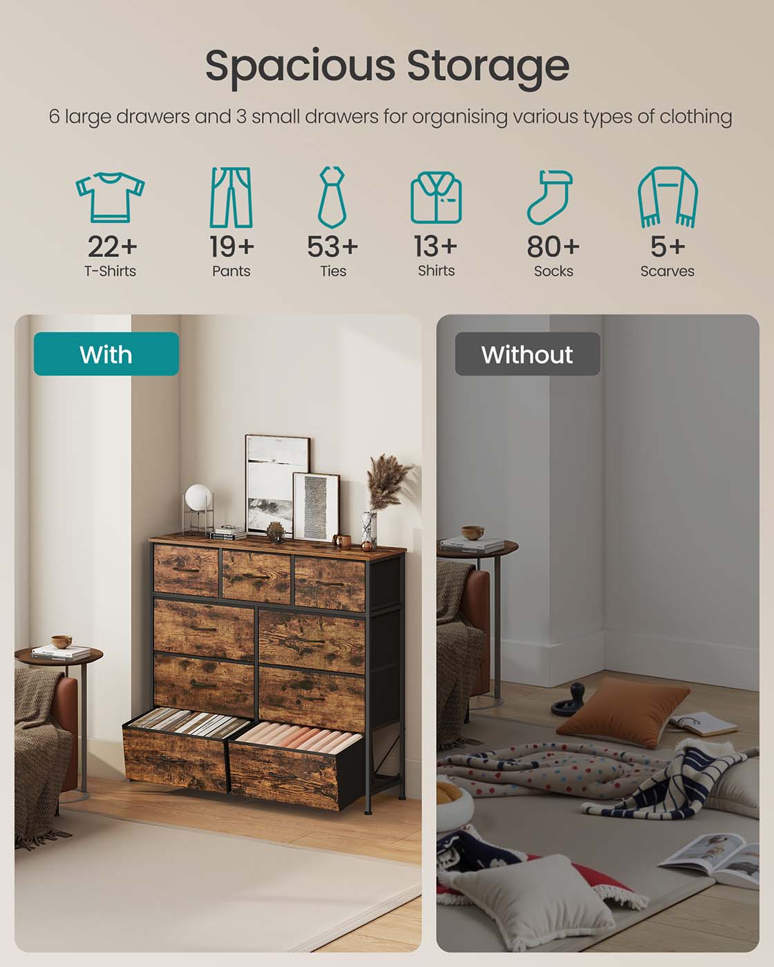 9-Drawer Chest – Steel and MDF – Rustic Brown and Ink Black – Versatile Fabric Storage Unit