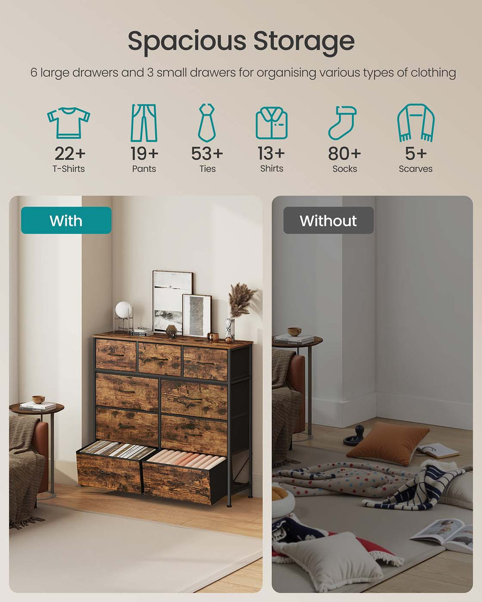 9-Drawer Chest – Steel and MDF – Rustic Brown and Ink Black – Versatile Fabric Storage Unit