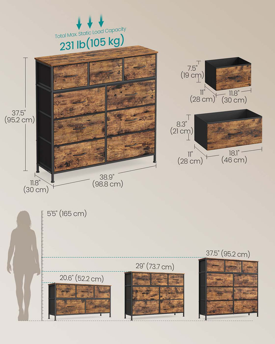 9-Drawer Chest – Steel and MDF – Rustic Brown and Ink Black – Versatile Fabric Storage Unit