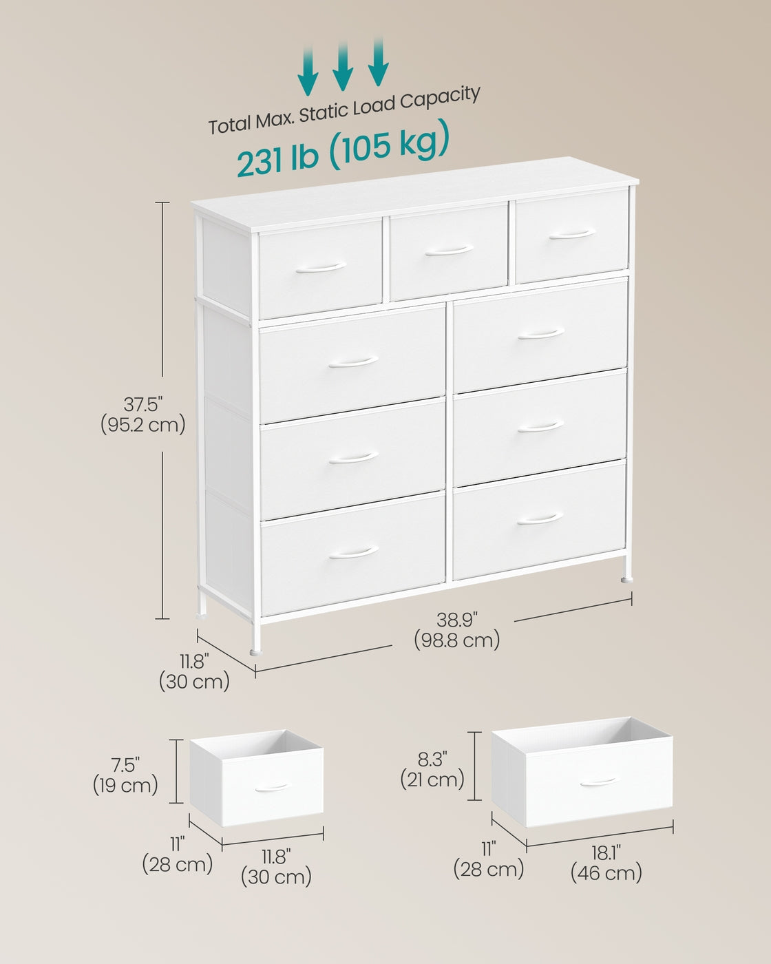 Chest of Drawers – MDF, Steel, and Non-Woven Fabric – Rustic Brown and Ink Black – 9 Storage Drawers