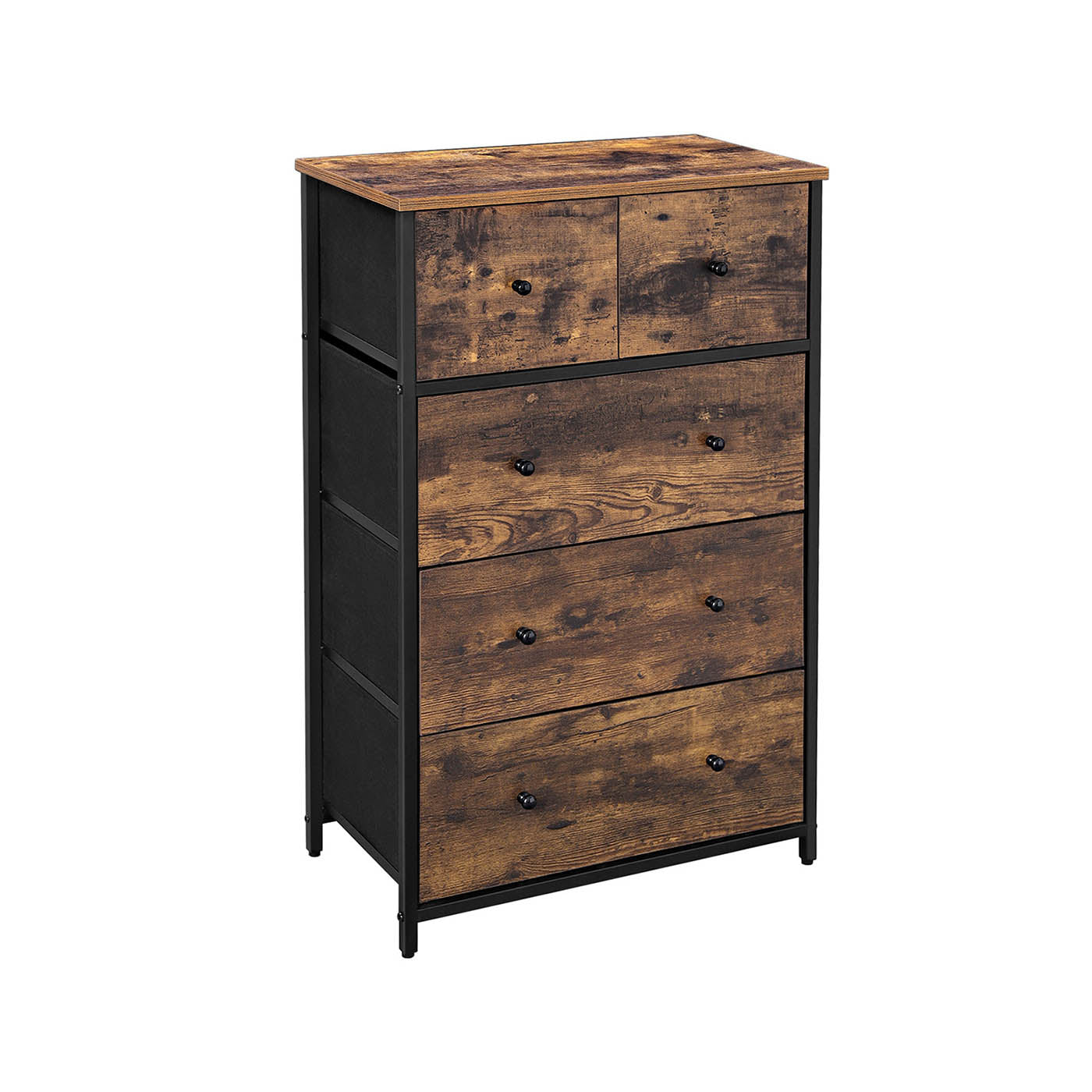 5-Drawer Storage Organizer Unit – Fabric and Wood – Rustic Brown and Black – Industrial Style