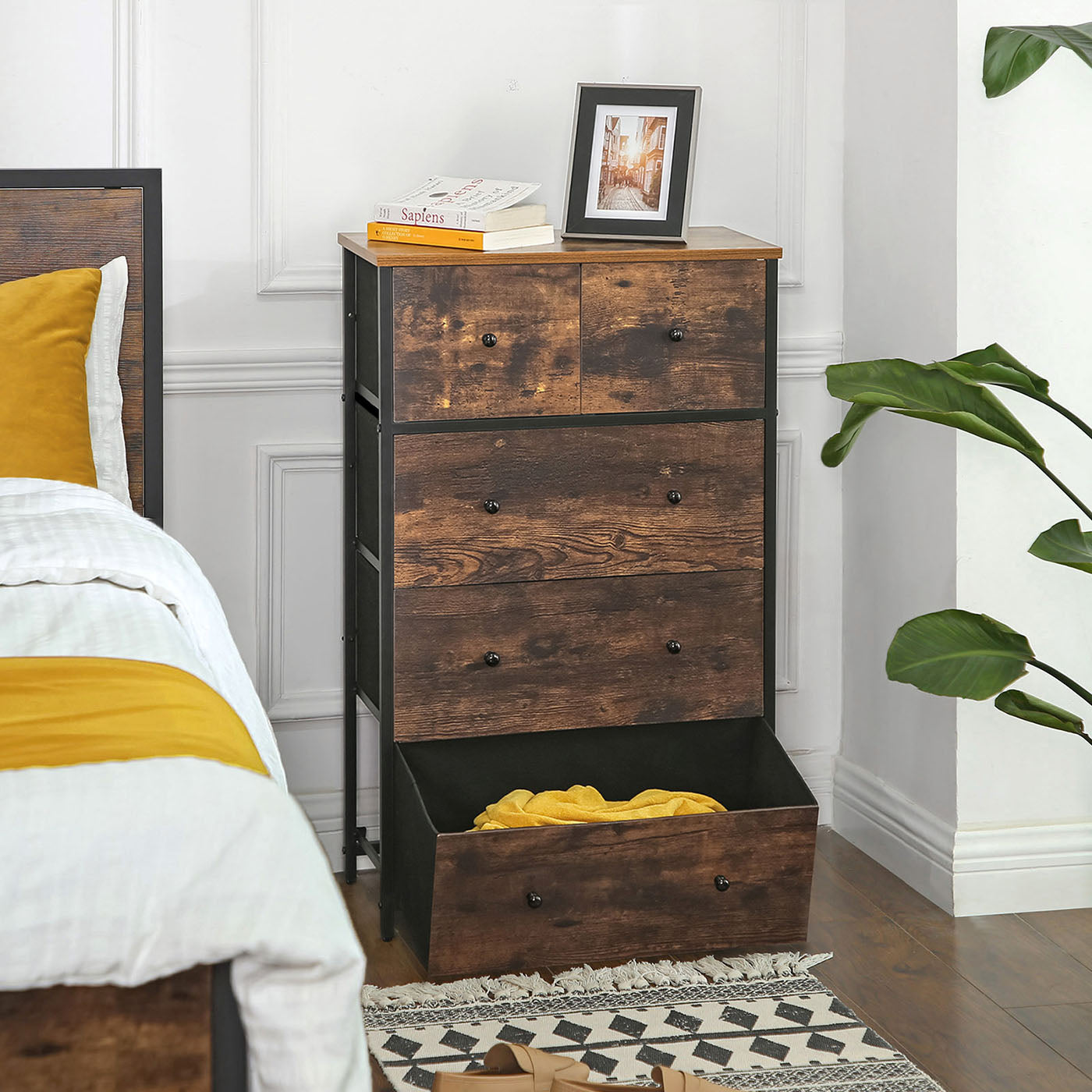 5-Drawer Storage Organizer Unit – Fabric and Wood – Rustic Brown and Black – Industrial Style