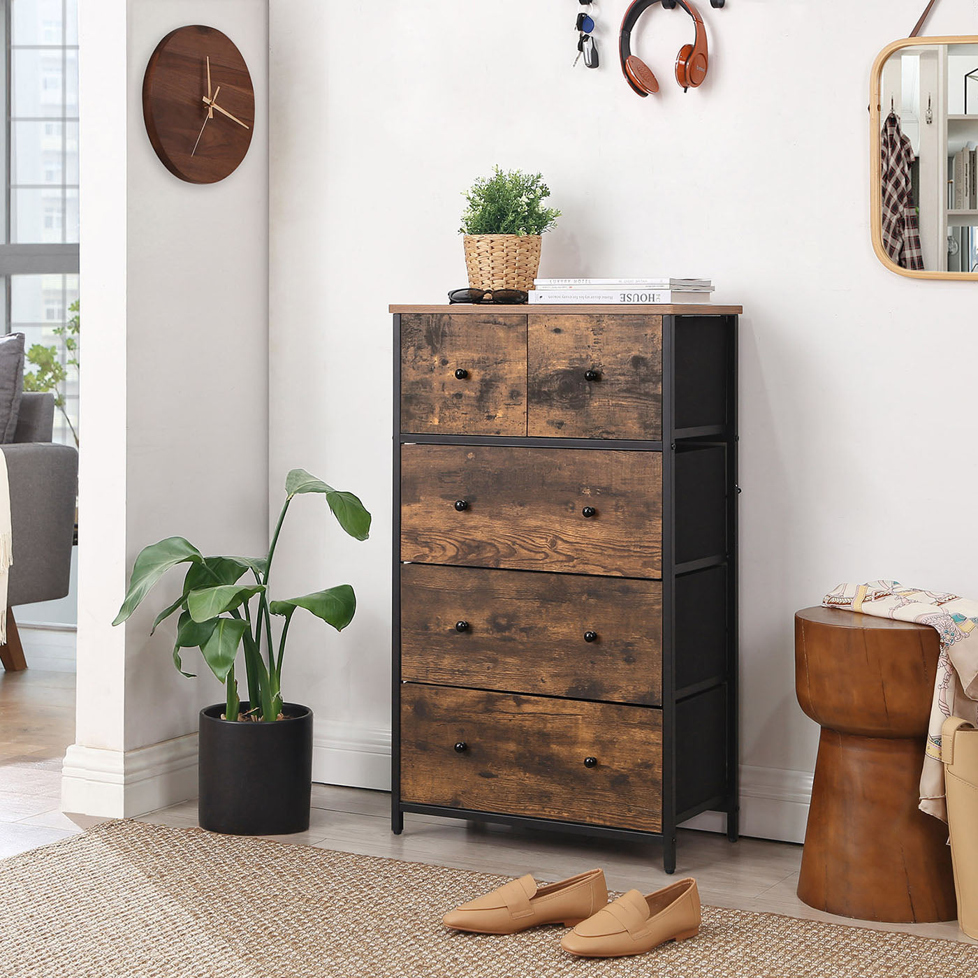 5-Drawer Storage Organizer Unit – Fabric and Wood – Rustic Brown and Black – Industrial Style