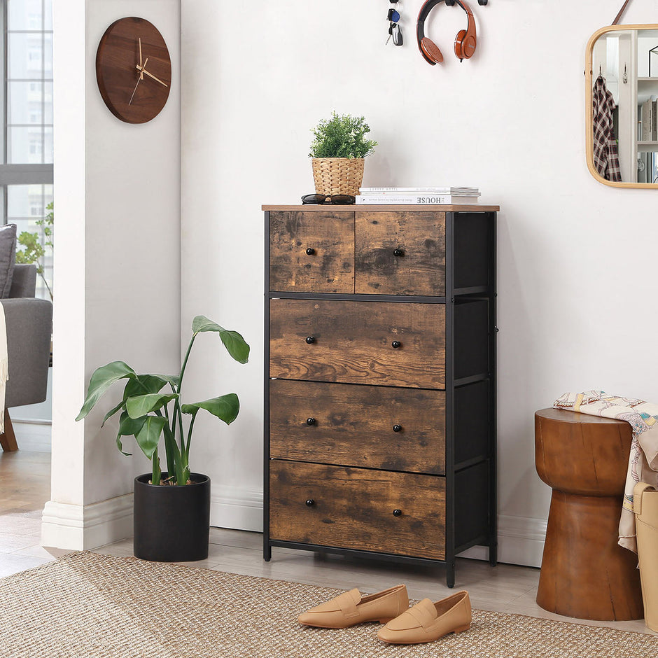 5-Drawer Storage Organizer Unit – Fabric and Wood – Rustic Brown and Black – Industrial Style