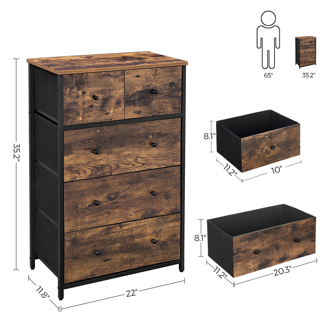 5-Drawer Storage Organizer Unit – Fabric and Wood – Rustic Brown and Black – Industrial Style