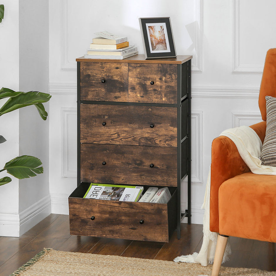 5-Drawer Storage Organizer Unit – Fabric and Wood – Rustic Brown and Black – Industrial Style