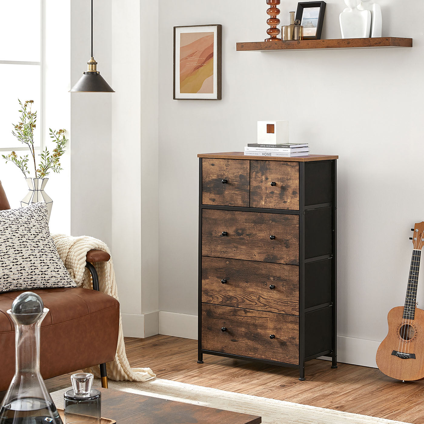 5-Drawer Storage Organizer Unit – Fabric and Wood – Rustic Brown and Black – Industrial Style