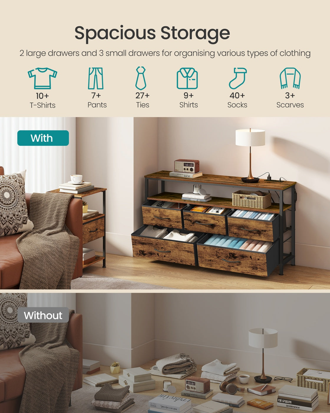 Chest of Drawers Storage Unit - 30L - Steel, MDF - Non-Woven Fabric - Max Load 44 lb