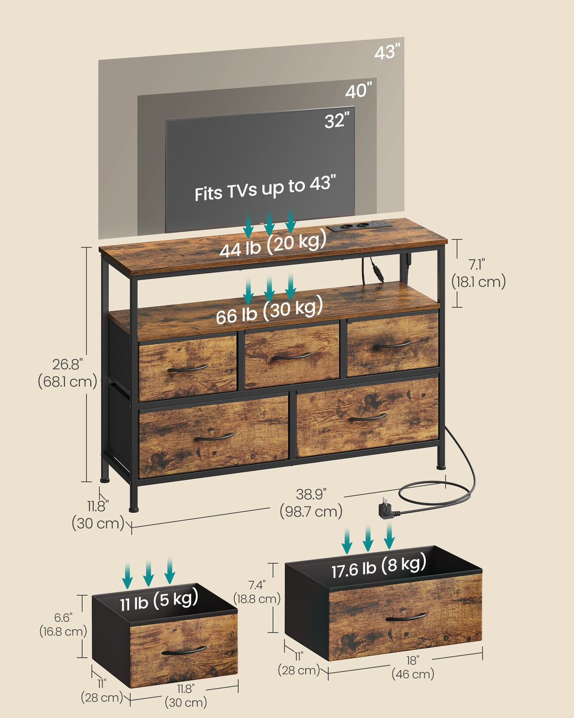 Chest of Drawers Storage Unit - 30L - Steel, MDF - Non-Woven Fabric - Max Load 44 lb