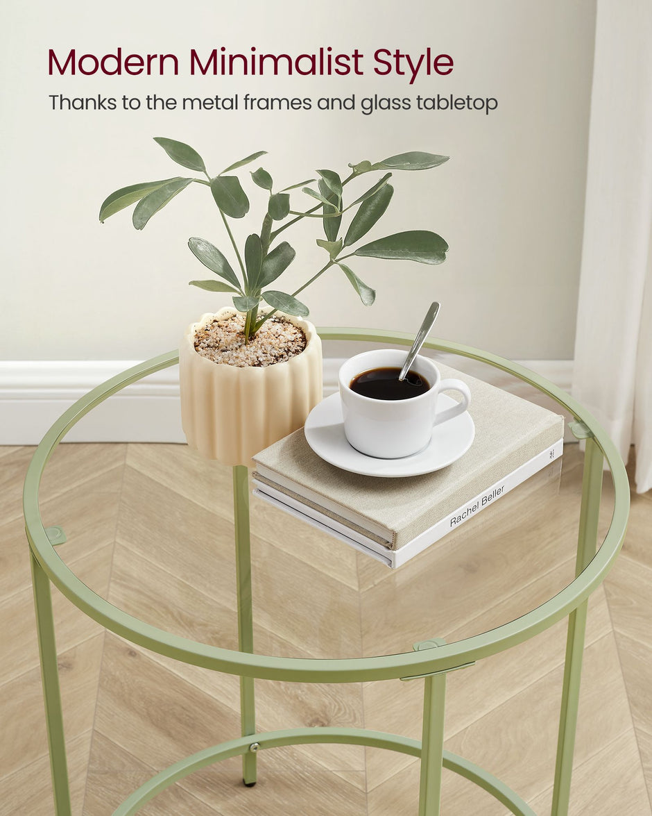 Round Side Table – Tempered Glass – Steel Frame – Versatile for Living Room and Balcony