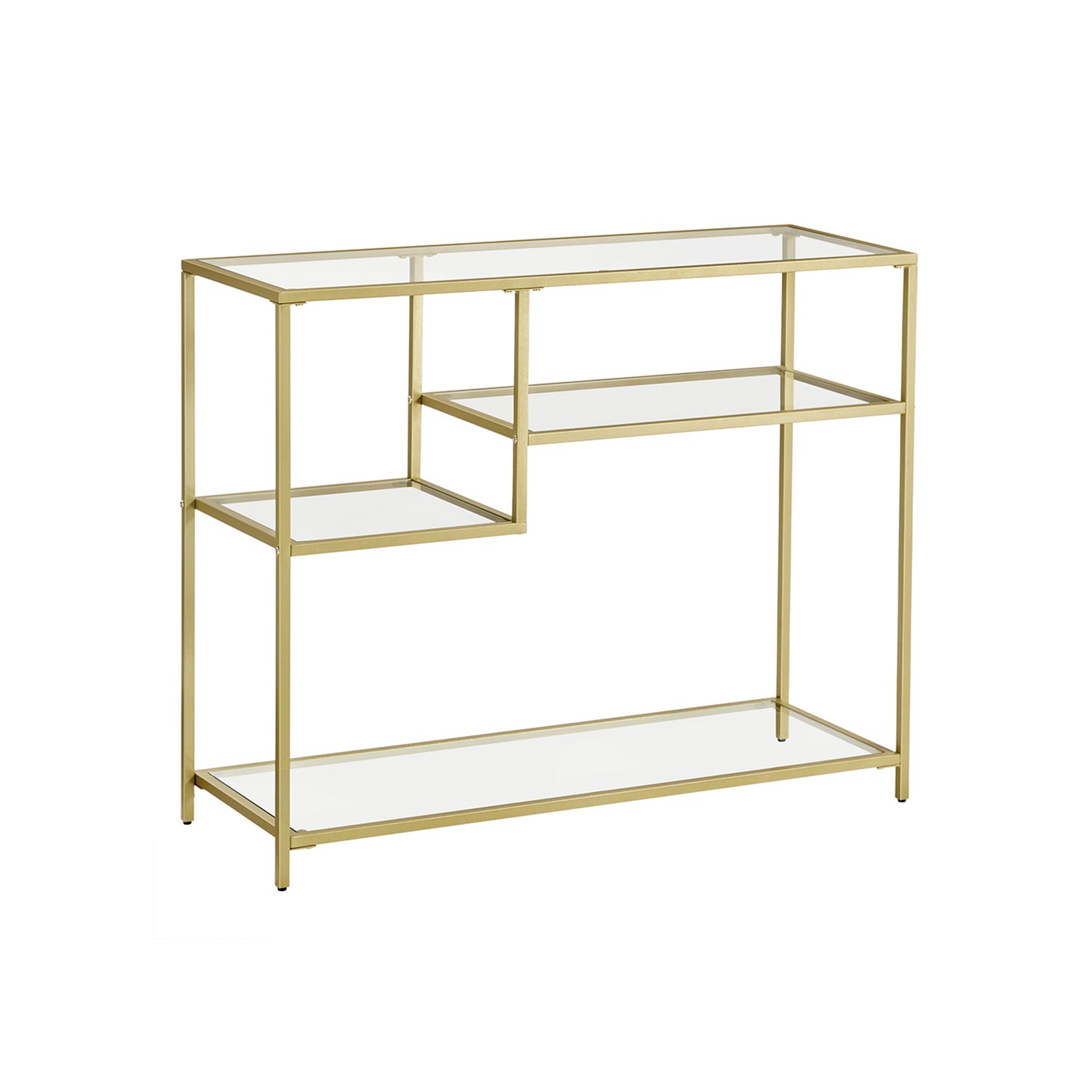 Console Table – Tempered Glass and Metal – Gold – Modern Design with Shelves
