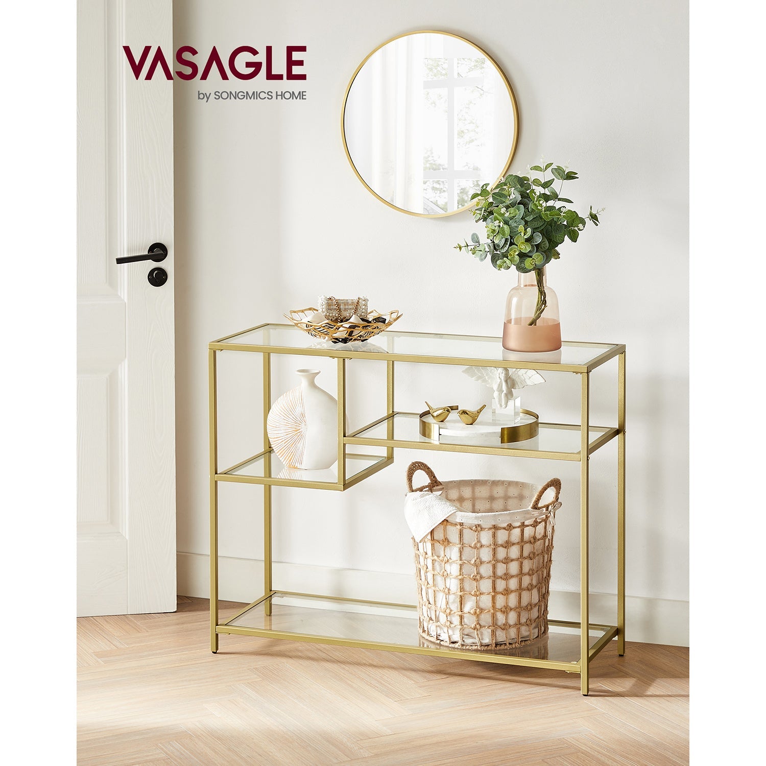 Console Table – Tempered Glass and Metal – Gold – Modern Design with Shelves