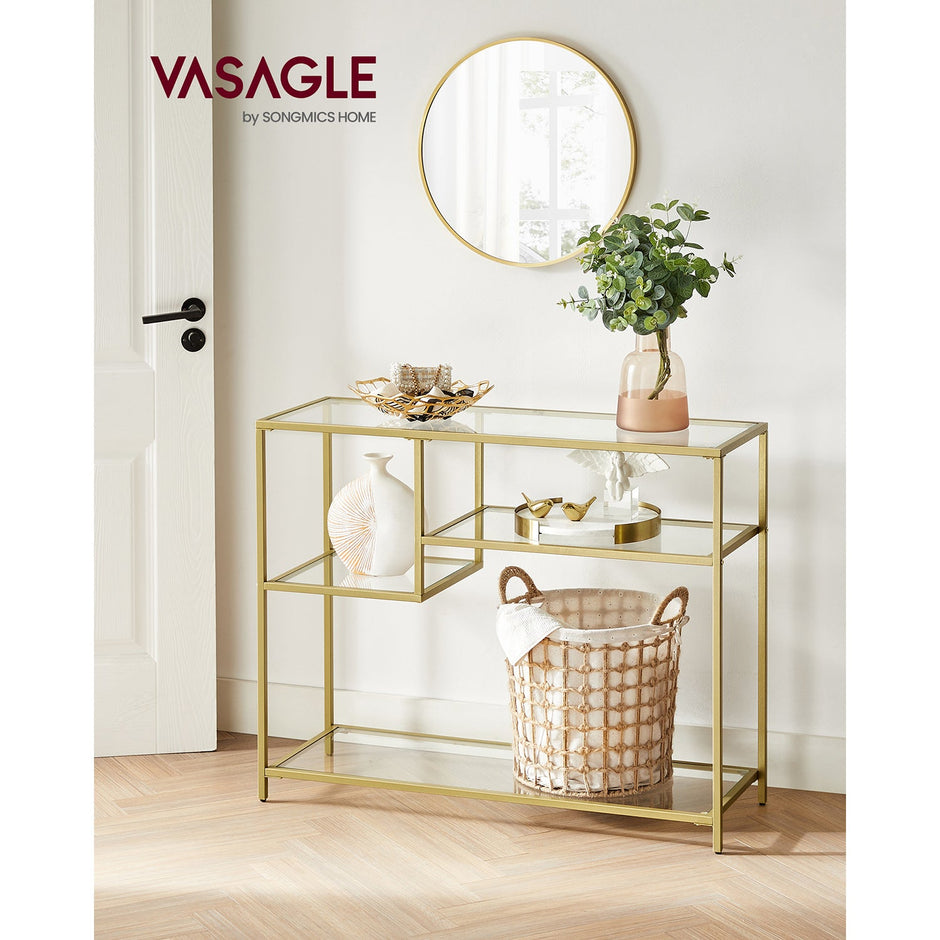 Console Table – Tempered Glass and Metal – Gold – Modern Design with Shelves