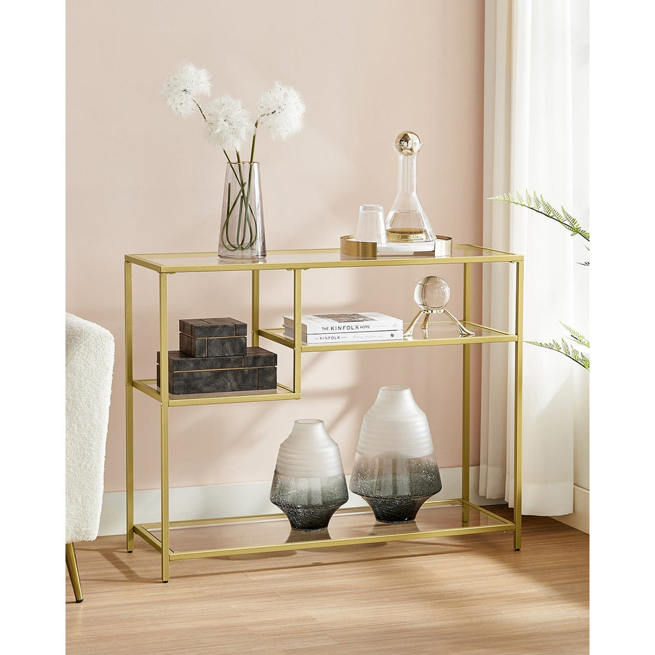 Console Table – Tempered Glass and Metal – Gold – Modern Design with Shelves