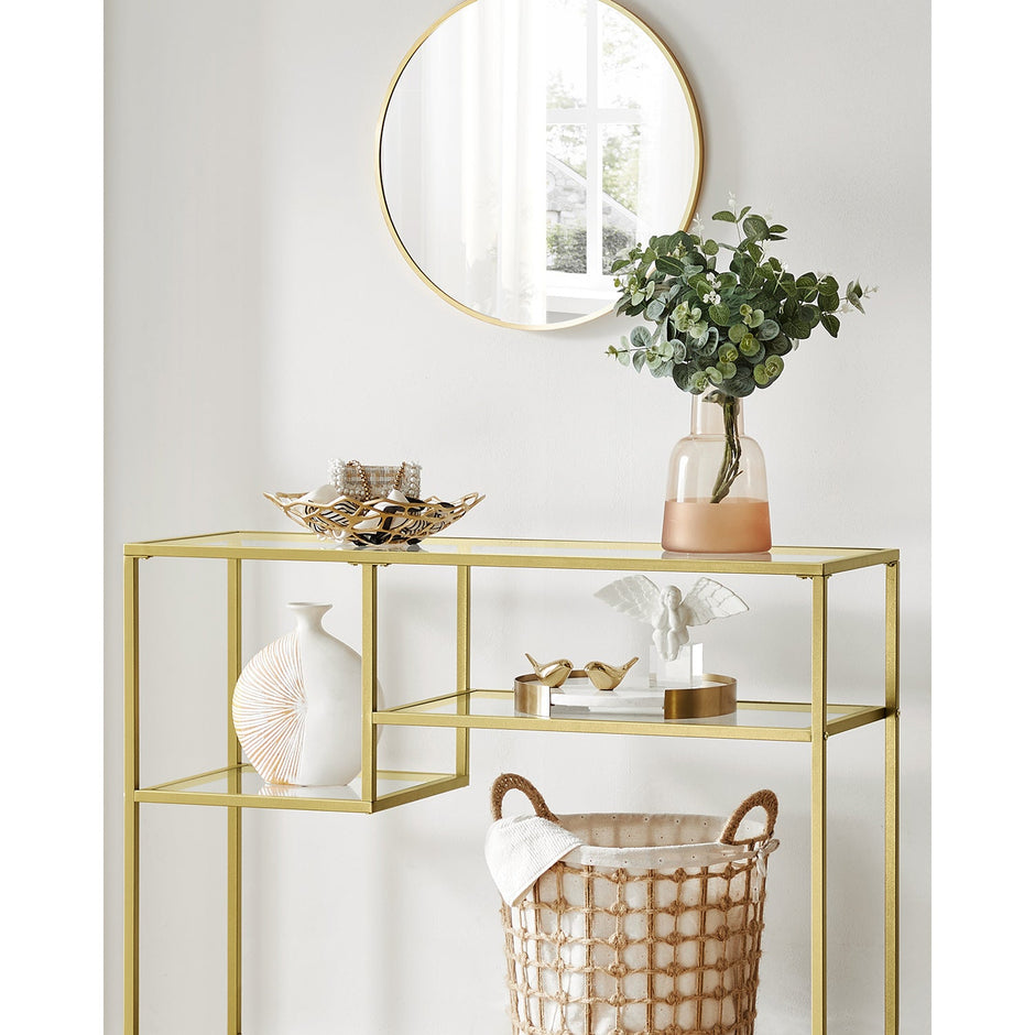 Console Table – Tempered Glass and Metal – Gold – Modern Design with Shelves