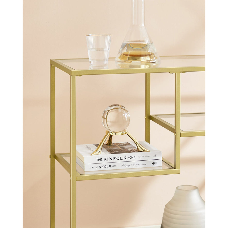 Console Table – Tempered Glass and Metal – Gold – Modern Design with Shelves