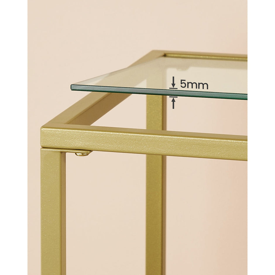 Console Table – Tempered Glass and Metal – Gold – Modern Design with Shelves