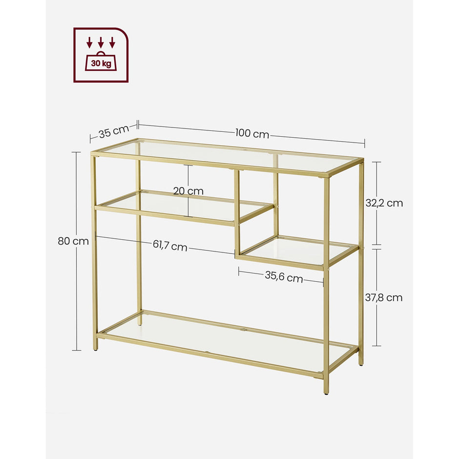 Console Table – Tempered Glass and Metal – Gold – Modern Design with Shelves
