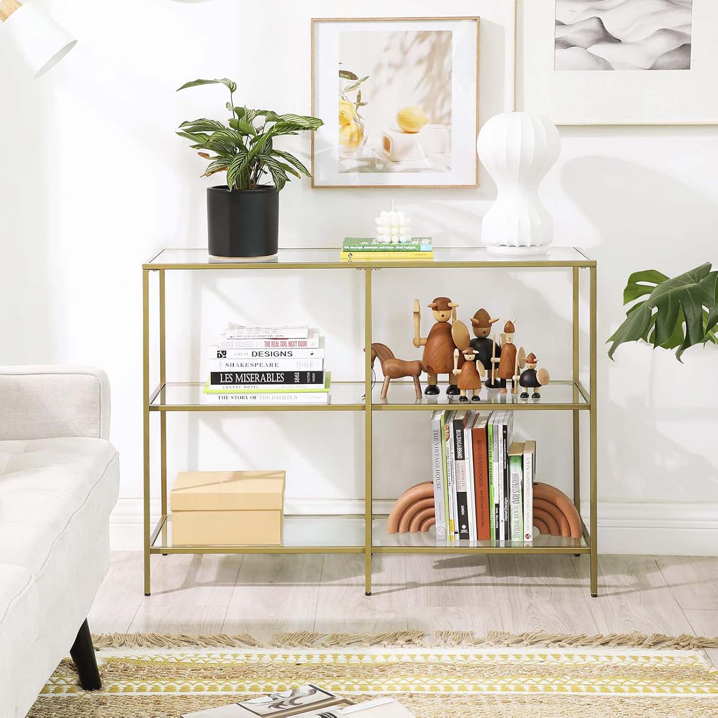 Console Table – Tempered Glass – Gold – 3-Tier Design with Metal Frame