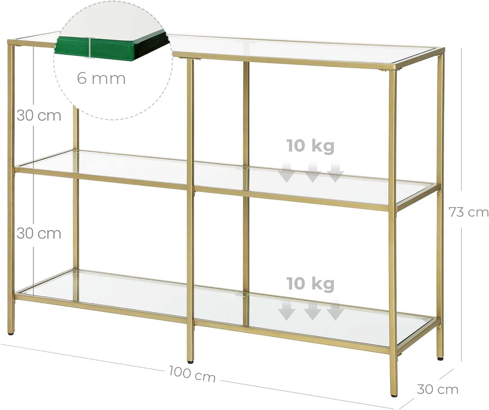 Console Table – Tempered Glass – Gold – 3-Tier Design with Metal Frame