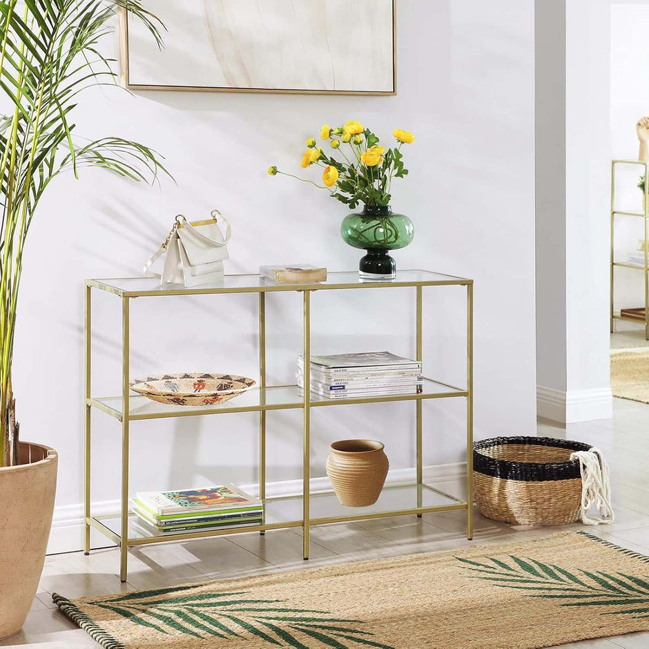 Console Table – Tempered Glass – Gold – 3-Tier Design with Metal Frame