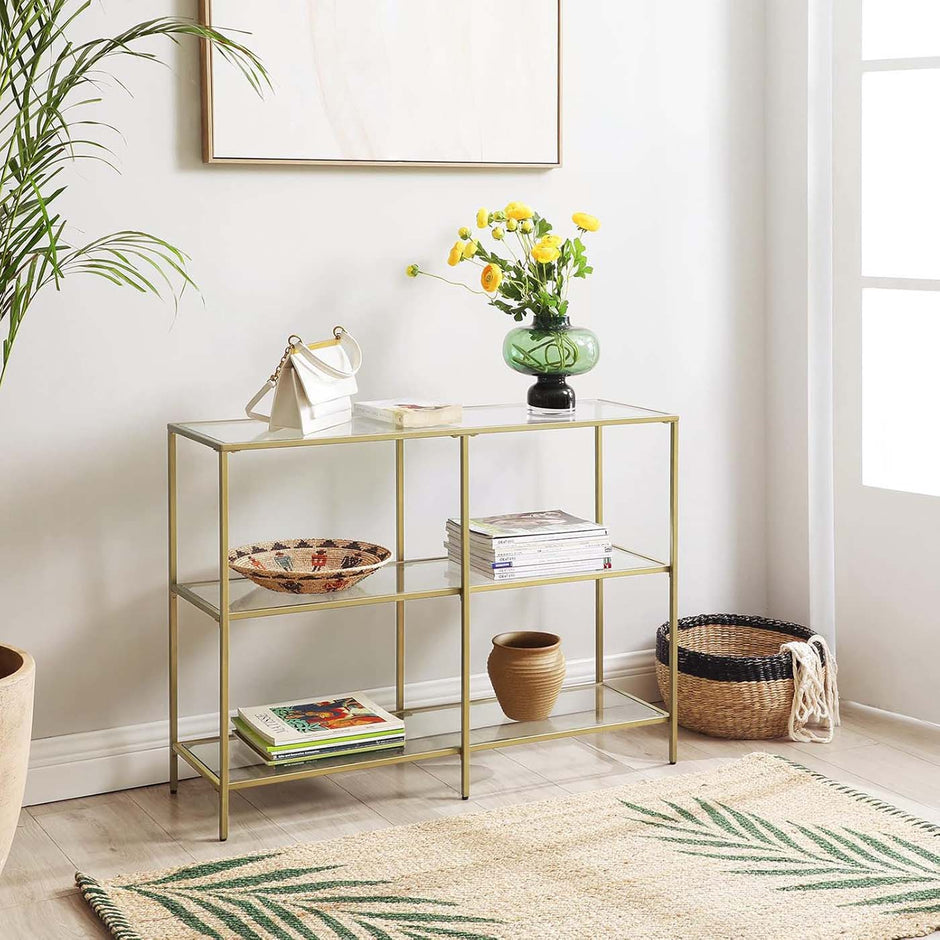 Console Table – Tempered Glass – Gold – 3-Tier Design with Metal Frame