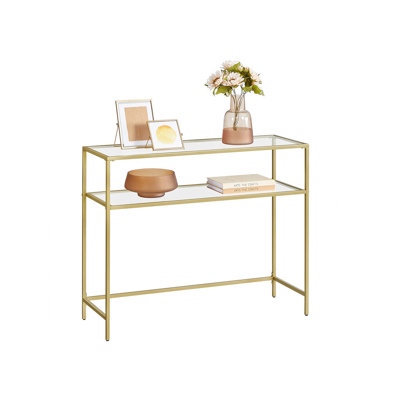 Console Table – Tempered Glass and Metal – Gold – Modern Design with 2 Shelves and Adjustable Feet