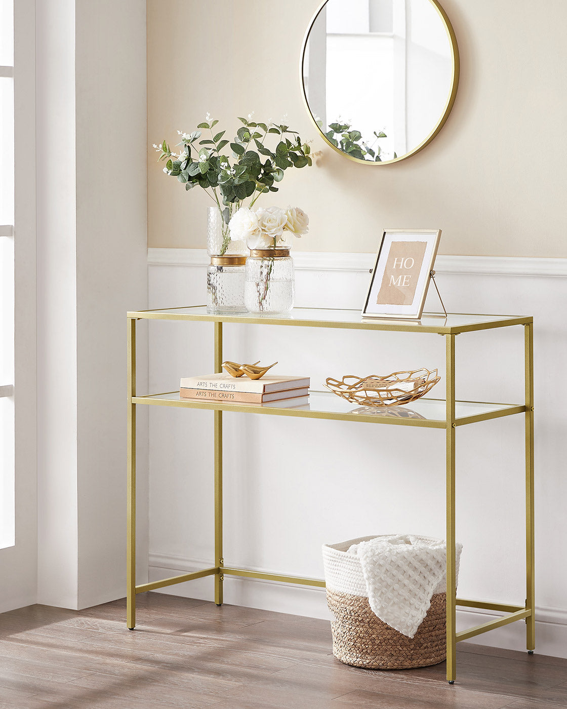 Console Table – Tempered Glass and Metal – Gold – Modern Design with 2 Shelves and Adjustable Feet