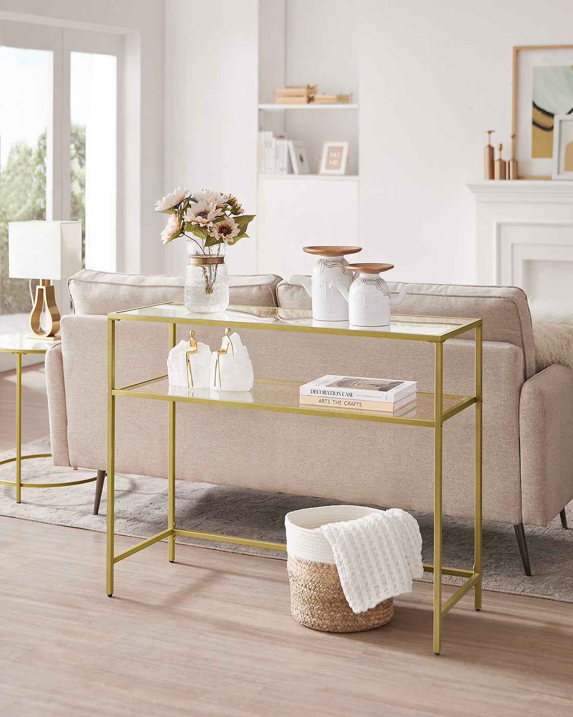 Console Table – Tempered Glass and Metal – Gold – Modern Design with 2 Shelves and Adjustable Feet