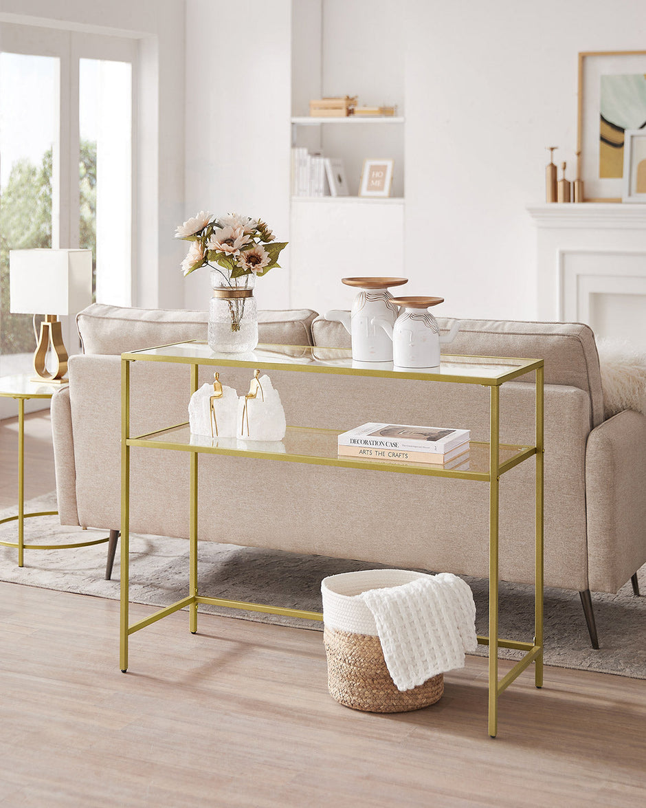 Console Table – Tempered Glass and Metal – Gold – Modern Design with 2 Shelves and Adjustable Feet