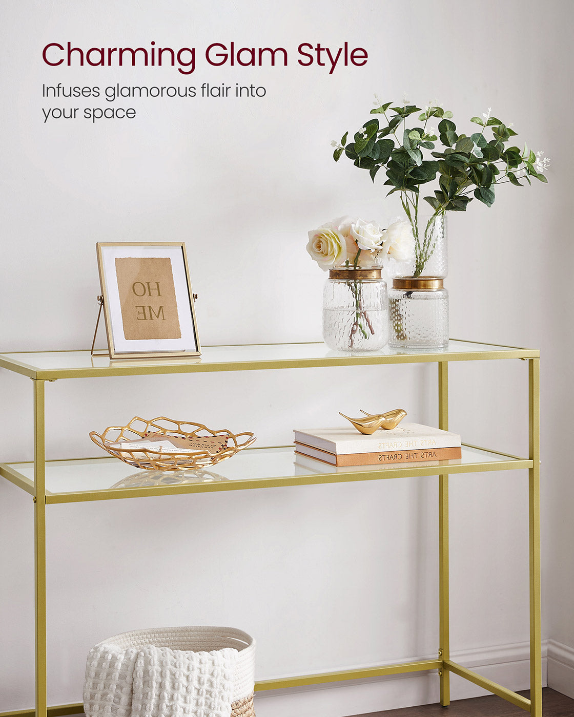 Console Table – Tempered Glass and Metal – Gold – Modern Design with 2 Shelves and Adjustable Feet