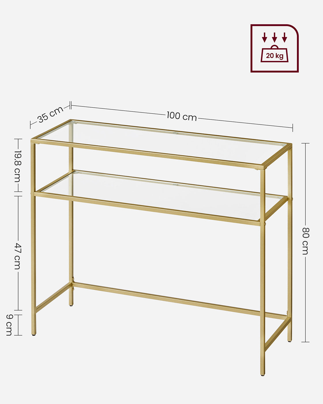 Console Table – Tempered Glass and Metal – Gold – Modern Design with 2 Shelves and Adjustable Feet