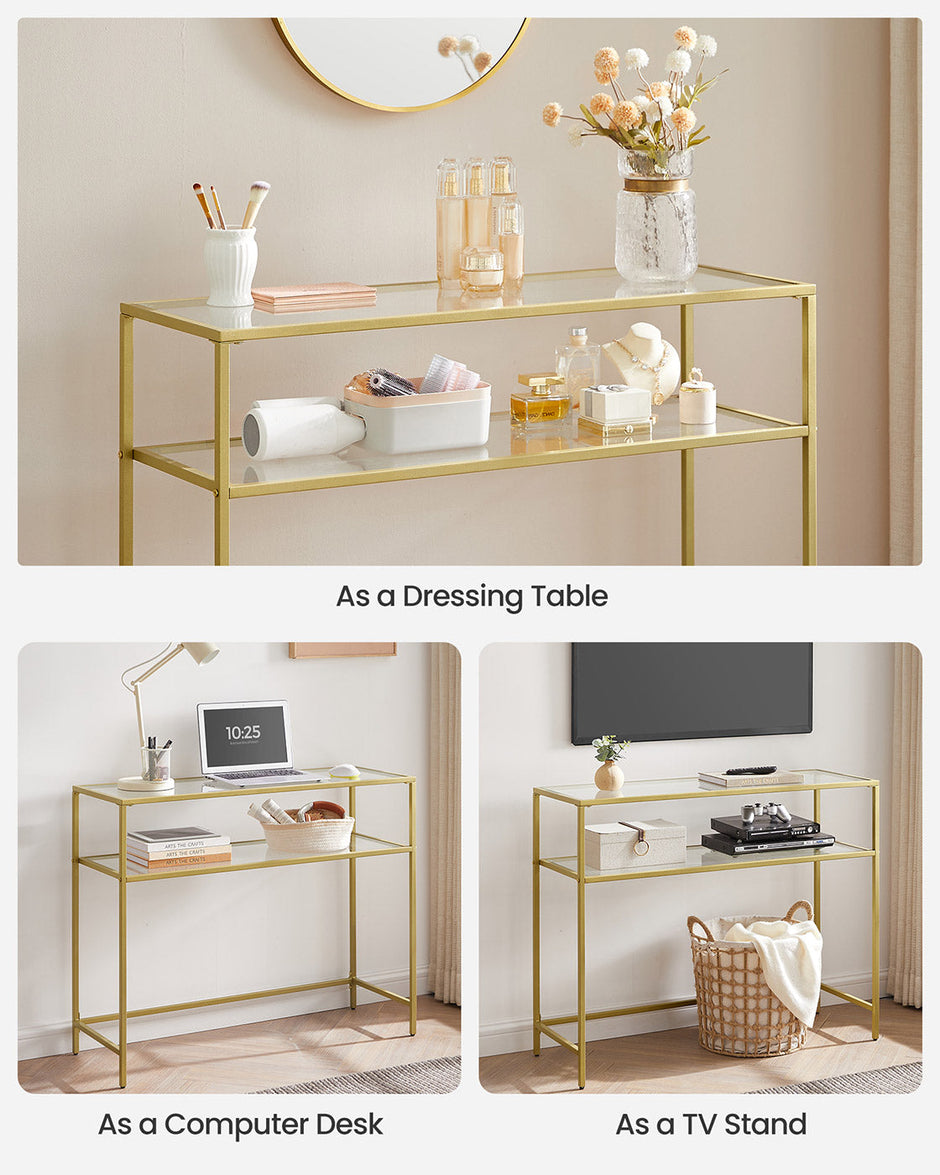 Console Table – Tempered Glass and Metal – Gold – Modern Design with 2 Shelves and Adjustable Feet