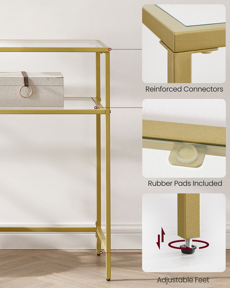 Console Table – Tempered Glass and Metal – Gold – Modern Design with 2 Shelves and Adjustable Feet