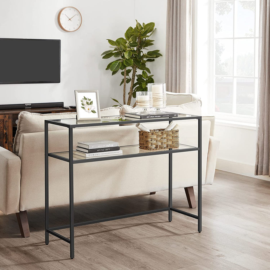 Console Table – Tempered Glass – Gold – Modern Design with Adjustable Feet and Two Shelves