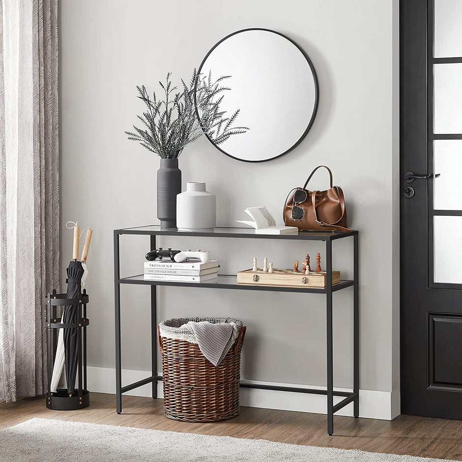 Console Table – Tempered Glass – Gold – Modern Design with Adjustable Feet and Two Shelves