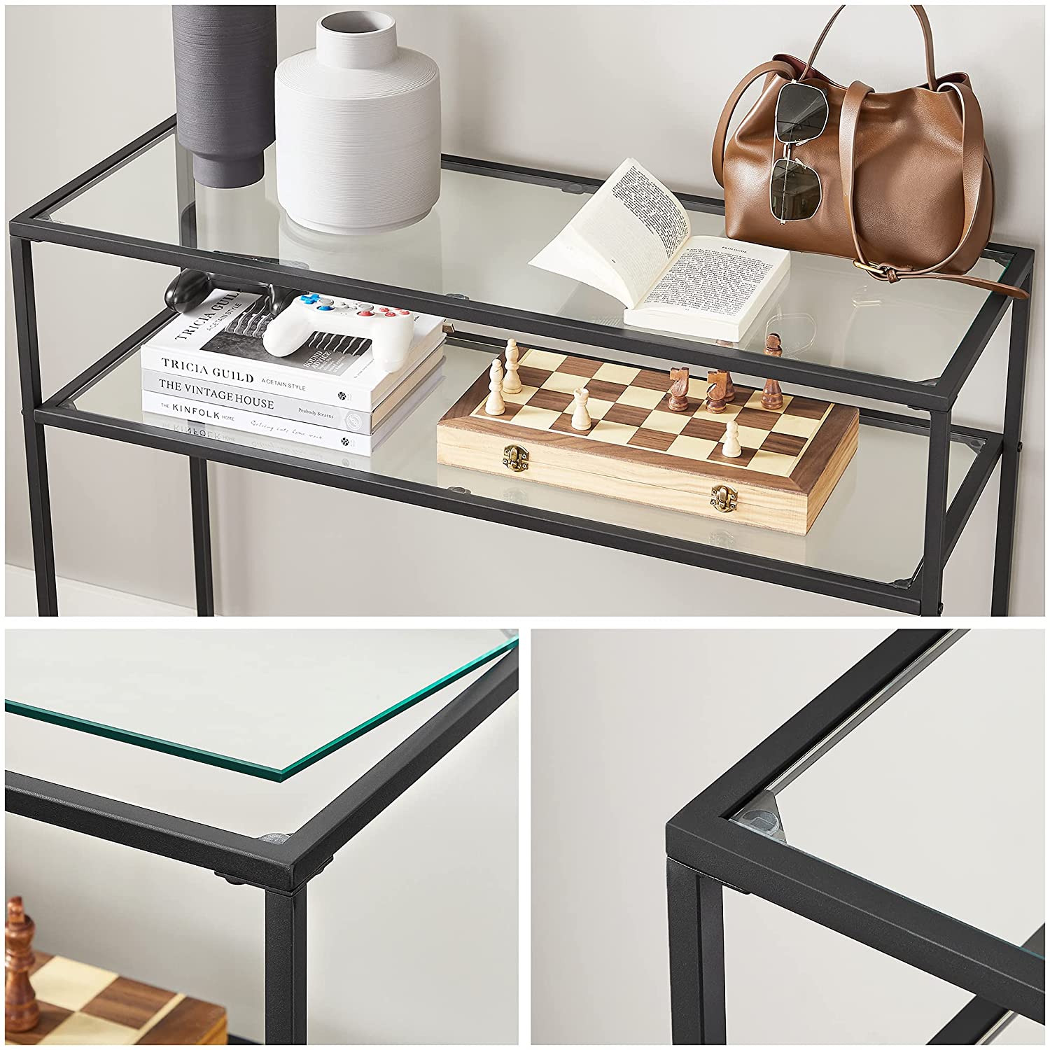 Console Table – Tempered Glass – Gold – Modern Design with Adjustable Feet and Two Shelves