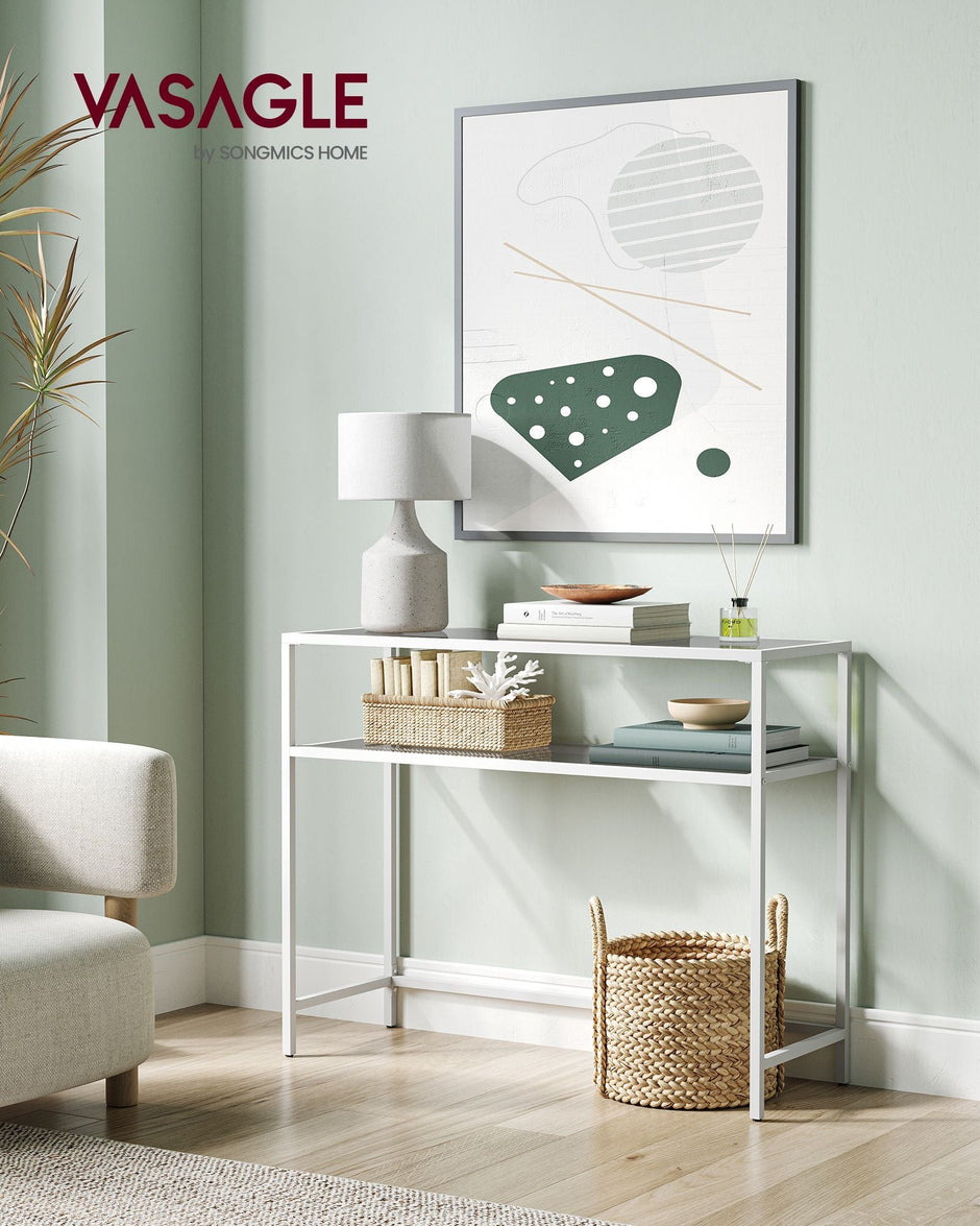 Console Table – Tempered Glass – Gold – Modern Design with Metal Frame and 2 Shelves