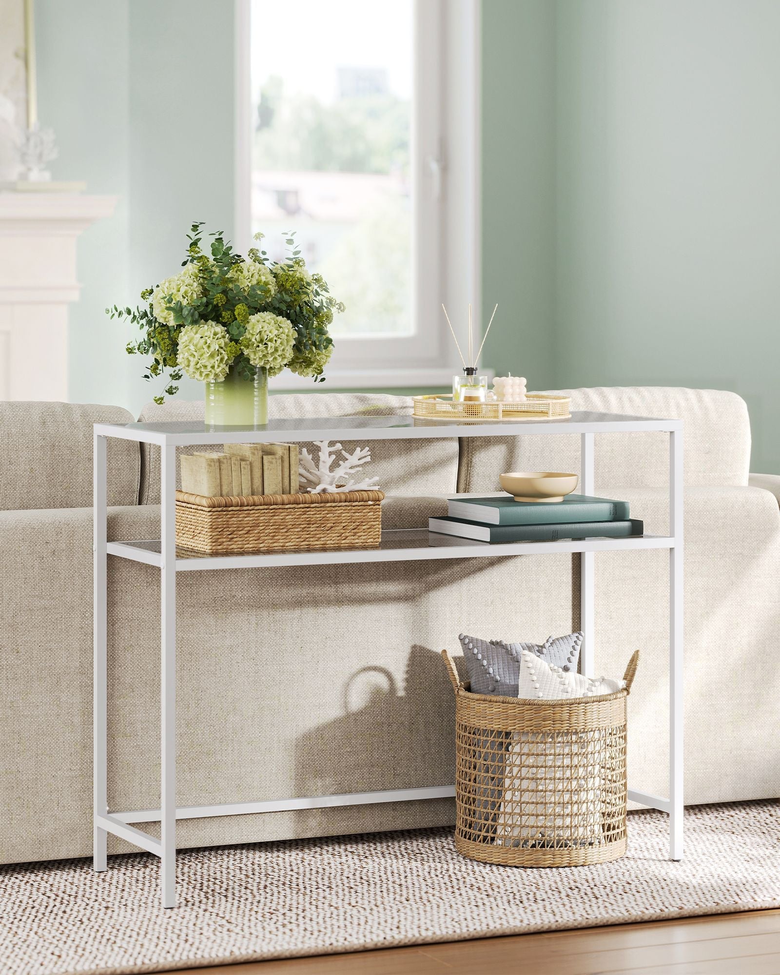 Console Table – Tempered Glass – Gold – Adjustable Legs and Two Shelves