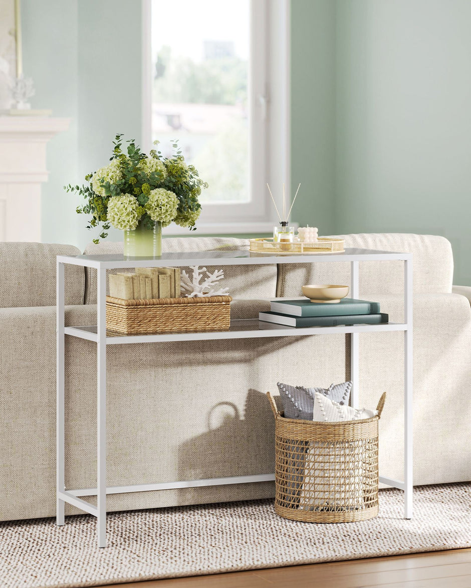 Console Table – Tempered Glass – Gold – Modern Design with Metal Frame and 2 Shelves