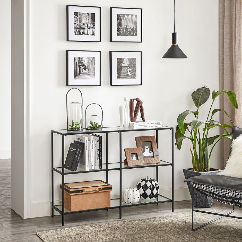 Hallway Table – Tempered Glass & Metal – Pearl Black – 3 Shelves, Modern Design