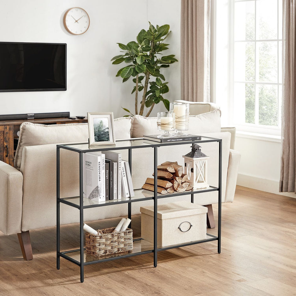 Hallway Table – Tempered Glass & Metal – Pearl Black – 3 Shelves, Modern Design